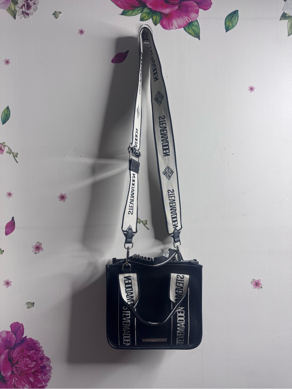 Steve Madden Black Crossbody Bag with White Branded Strap